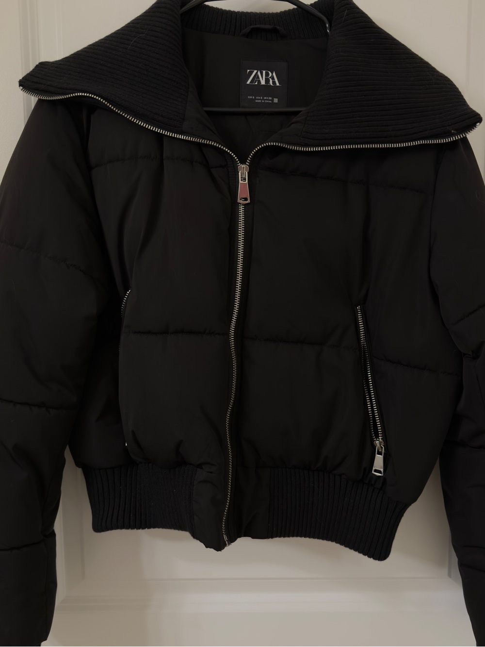 ZARA Black Cropped Puffer Jacket Oversized Ribbed Knit Collar S